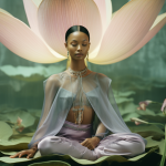 Illustration : femme en méditation, lotus verts et roses pour cultiver le bien-être et équilibrer son essence.